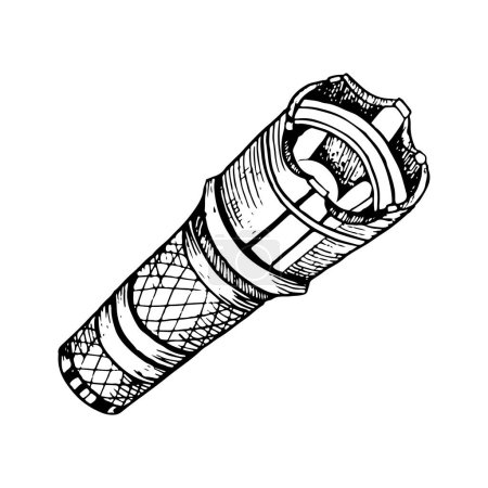 Illustration for Tactical military flashlight black and white vector illustration. LED electric camping equipment ink sketch. - Royalty Free Image