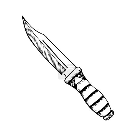 Illustration for Tactical knife black and white ink illustration for military purposes, hunting and survival equipment. Steel arms. - Royalty Free Image
