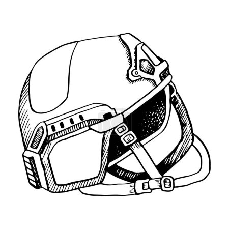 Ilustración de Casco de soldado militar moderno ilustración vectorial en blanco y negro para el ejército, equipo uniforme táctico de infantería. - Imagen libre de derechos