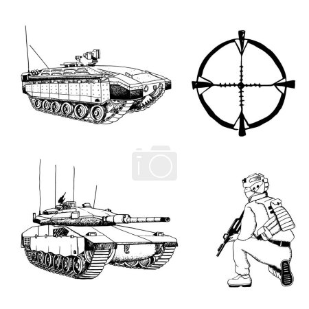 Military set of Merkava tank and personnel carrier Namer with sniper soldier of Israeli Defense Forces and optical sight black and white graphic vector illustration.