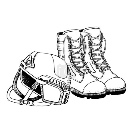 Illustration for Tactical army boots and soldier helmet hand drawn black and white vector illustration for military and combat designs. Infantry shoes and uniform. - Royalty Free Image