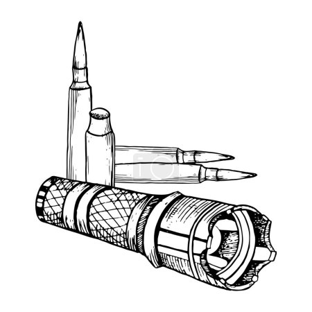 Tactical military flashlight and bullets for rifles black and white vector illustration. Army soldier equipment ink sketch.