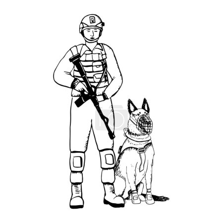 Illustration for K9 soldier with sitting dog of German shepherd or belgian malinois vector illustration. Ink drawing of military guard dog for Veteran day designs. - Royalty Free Image