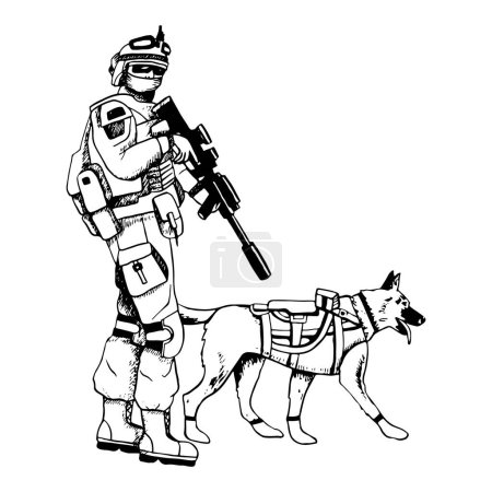 K9 Militärhund in Weste mit bewaffnetem Soldaten-Vektor-Bild. Wandernder deutscher Schäferhund oder belgischer Malinois Schwarz-Weiß-Zeichnung für patriotische Veteranentag-Designs.