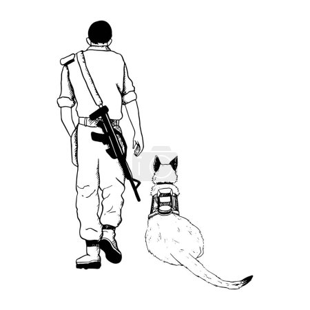 Colocación de perro K9 y soldado caminante vista posterior vector ilustración. Israel Oketz fuerzas especiales Pastor alemán o belgas Malcom dibujo en blanco y negro para diseños patrióticos Día de la Memoria.