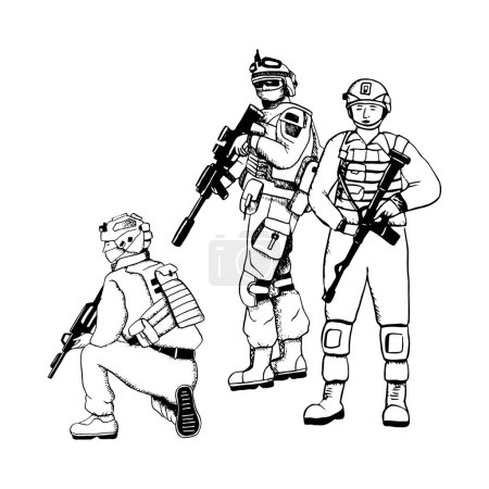 Téléchargez les illustrations : Soldats de l'armée moderne en uniforme avec fusils d'assaut illustration vectorielle graphique en noir et blanc pour les conceptions de guerre et de paix ou la Journée des anciens combattants. - en licence libre de droit
