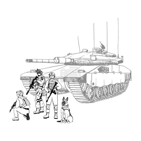 Ilustración de Soldados del ejército de Israel en uniforme con rifles de asalto con tanque Merkava Mark IV ilustración vectorial gráfica en blanco y negro para diseños de guerra y paz o Día del Recuerdo de Veteranos. - Imagen libre de derechos