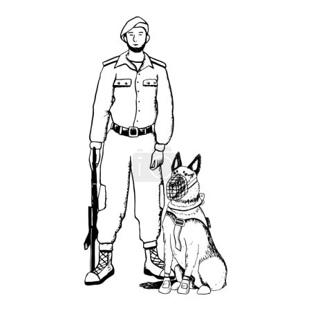 Téléchargez les illustrations : Soldat noir et blanc prêtant serment avec l'illustration graphique vectorielle de chien K9 pour des conceptions militaires patriotiques. - en licence libre de droit