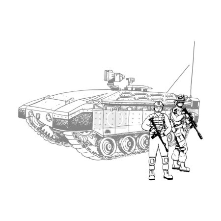 Black and white soldiers in uniform with rifles and Namer Israeli armored personnel military carrier graphic vector illustration for Veteran Remembrance Day.