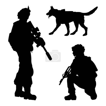 Illustration for Army soldiers with rifle in different poses with K9 service dog silhouettes black and white vector illustration set for remembrance and independence day designs. - Royalty Free Image
