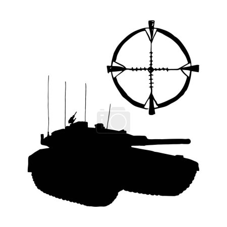 Téléchargez les illustrations : Israël Merkava réservoir silhouette noire avec illustration vectorielle de vision optique. Machine militaire israélienne. Dessin à l'encre de guerre. - en licence libre de droit