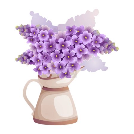 Ilustración de Ramo de flores lila en jarrón beige vintage vector ilustración en colores púrpura y violeta. Para ramas florales en diseños de jarra y estampados de primavera. Dibujo detallado de dibujos animados. - Imagen libre de derechos