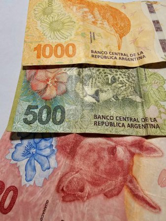 Faded, colorful, wrinkled, spent Argentine bills of different value