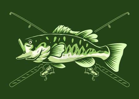 largemouth bass fish and rod illustration