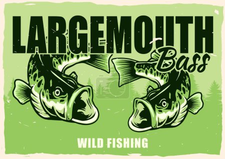 Illustration for Largemouth bass fishing landscape poster - Royalty Free Image