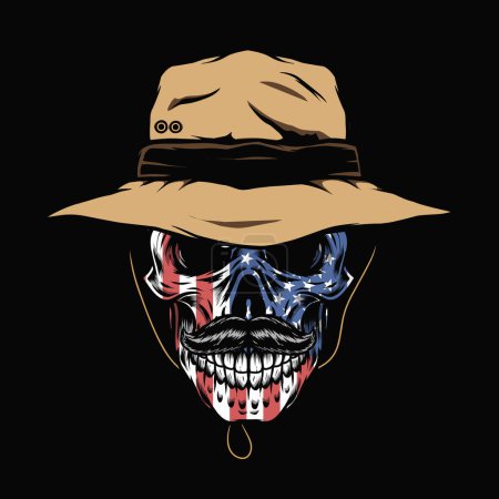 Skull wearing bucket hat and USA flag effect in face