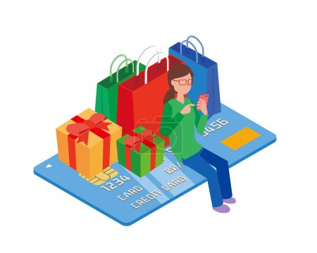 Illustration for Isometric illustration of a woman doing internet shopping - Royalty Free Image