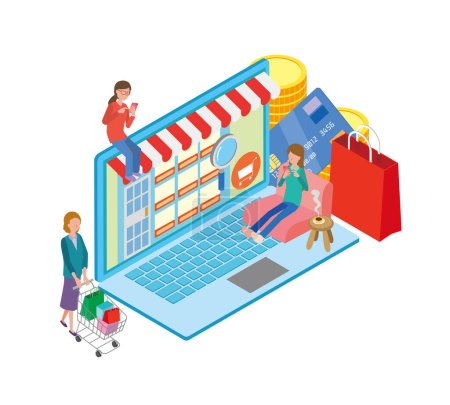 Isometric illustration of people doing internet shopping