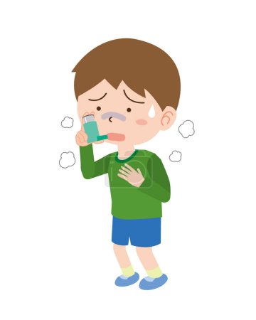 Ilustración de Un niño que sufre de asma y usa un inhalador - Imagen libre de derechos