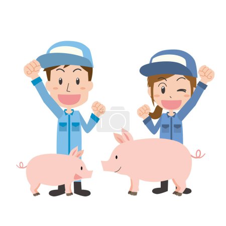 Vektor für Illustration eines Mannes und einer Frau, die in der Schweinezucht arbeiten und eines Elternteils und Kindes - Lizenzfreies Bild