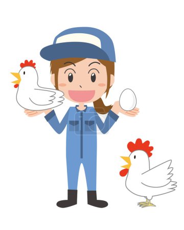 Téléchargez les illustrations : Une femme souriante et un poulet travaillant dans l'industrie de la volaille - en licence libre de droit