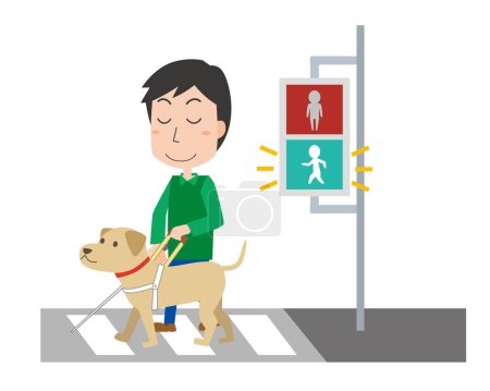Ilustración de Discapacitados visuales y perros guía cruzando un paso peatonal - Imagen libre de derechos