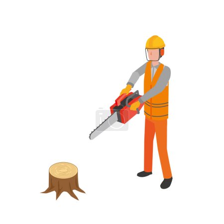 Téléchargez les illustrations : Un ouvrier qui coupe un arbre avec une tronçonneuse - en licence libre de droit