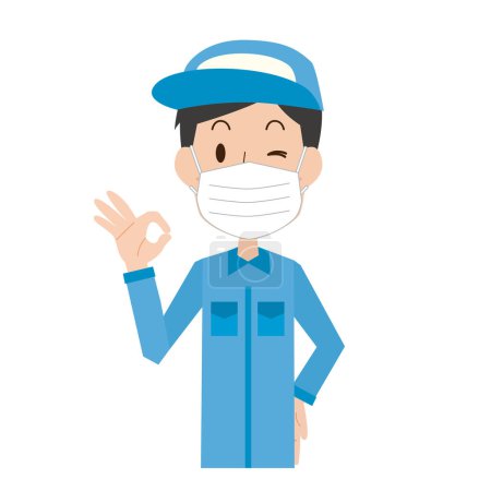 Téléchargez les illustrations : Un jeune homme en vêtements de travail portant un masque et donnant un signe correct - en licence libre de droit