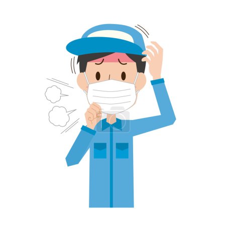 Téléchargez les illustrations : Un jeune homme portant des vêtements de travail qui a des symptômes de rhume et porte un masque - en licence libre de droit