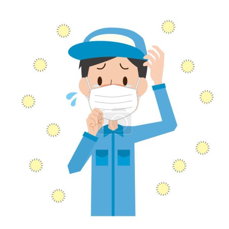 Téléchargez les illustrations : Un jeune homme portant des vêtements de travail portant un masque en raison d'allergies dues au pollen - en licence libre de droit