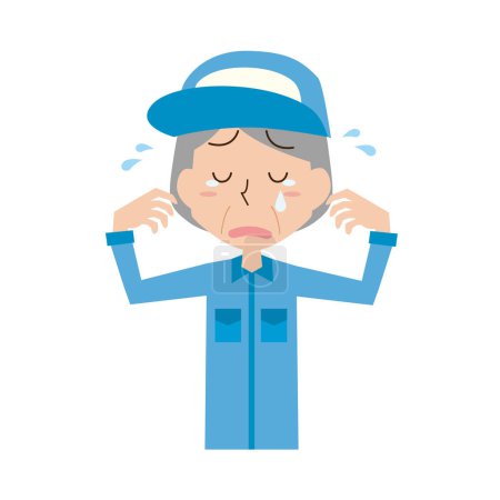 Illustration for Senior woman wearing work clothes crying - Royalty Free Image
