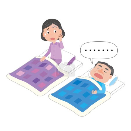 Illustration for Wife worried about her husband's breathing during sleep - Royalty Free Image