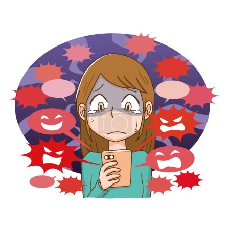 Ilustración de Ilustración de una mujer que se sorprende por la calumnia en SMS - Imagen libre de derechos