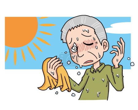 Ilustración de Ilustración de un anciano sudando y recibiendo golpe de calor - Imagen libre de derechos