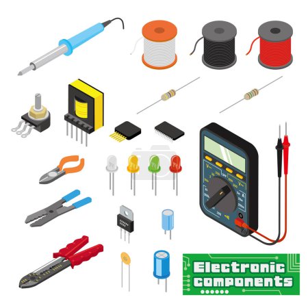 Illustration set of electronic parts and tools