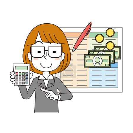 Téléchargez les illustrations : Une femme expliquant avec une calculatrice - en licence libre de droit