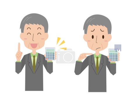 Illustration for Expression set of joy and disappointment of an elderly male office worker with a calculator - Royalty Free Image