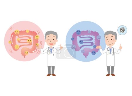 Ilustración de Conjunto ilustrativo del médico que explica el estado de los intestinos - Imagen libre de derechos