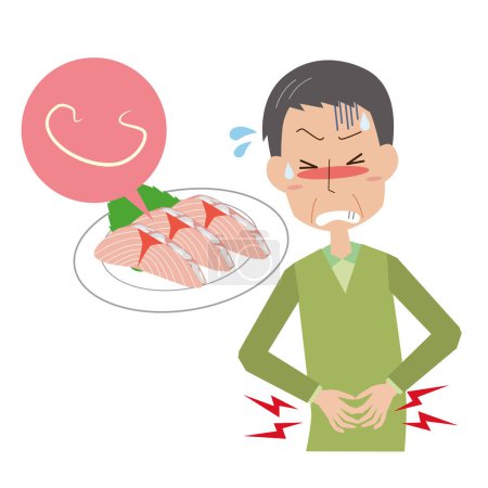 Ilustración de Ilustración de un hombre comiendo pescado crudo y sufriendo de anisakiasis parasitaria - Imagen libre de derechos