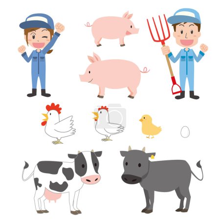 Téléchargez les illustrations : Ensemble d'illustrations d'hommes, de femmes et d'animaux travaillant dans le secteur laitier et l'élevage - en licence libre de droit