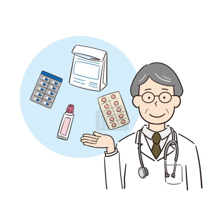 Téléchargez les illustrations : Illustration d'un médecin masculin expliquant le médicament - en licence libre de droit