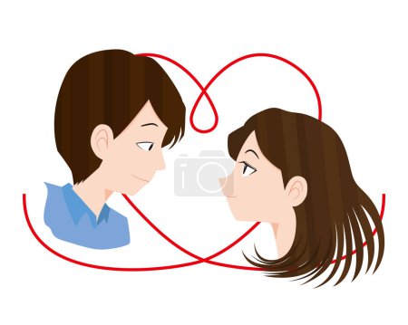 Illustration for A man and a woman staring at each other and the red thread of fate, the heart - Royalty Free Image