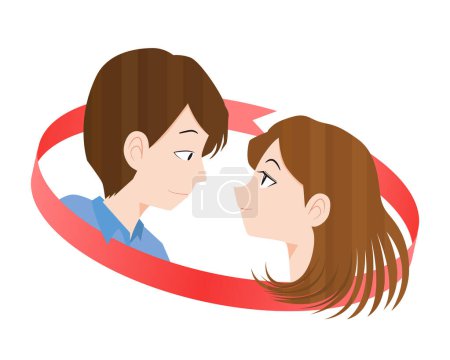 Illustration for A man and a woman staring at each other and a red ribbon - Royalty Free Image