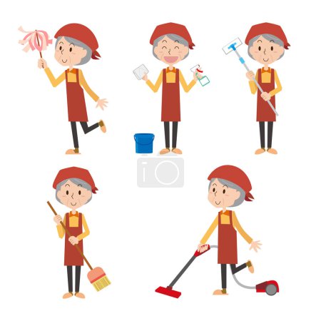 Illustration for Illustration set of a senior woman cleaning - Royalty Free Image