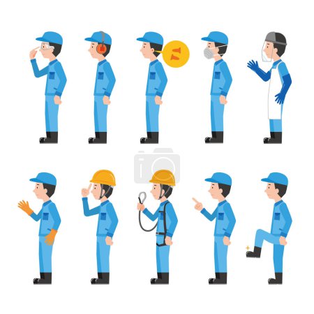 Worker's safety protective equipment wearing illustration set