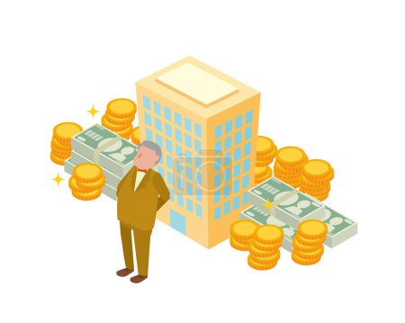 Ilustración de Ilustración del hombre rico, edificio y dinero en efectivo - Imagen libre de derechos