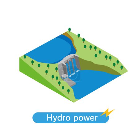 Téléchargez les illustrations : Illustration isométrique d'un barrage hydroélectrique - en licence libre de droit