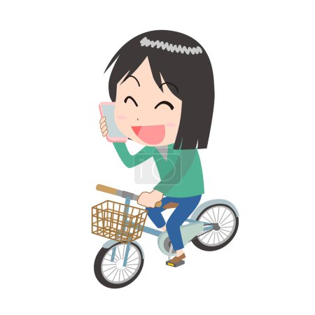 Illustration for A woman riding a bicycle while speaking on a smartphone - Royalty Free Image