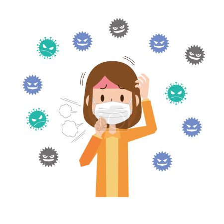 Téléchargez les illustrations : Une femme portant un masque avec une fièvre et une toux causées par le virus - en licence libre de droit