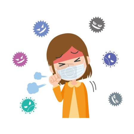 Téléchargez les illustrations : Une femme infectée par un virus a de la fièvre et tousse - en licence libre de droit